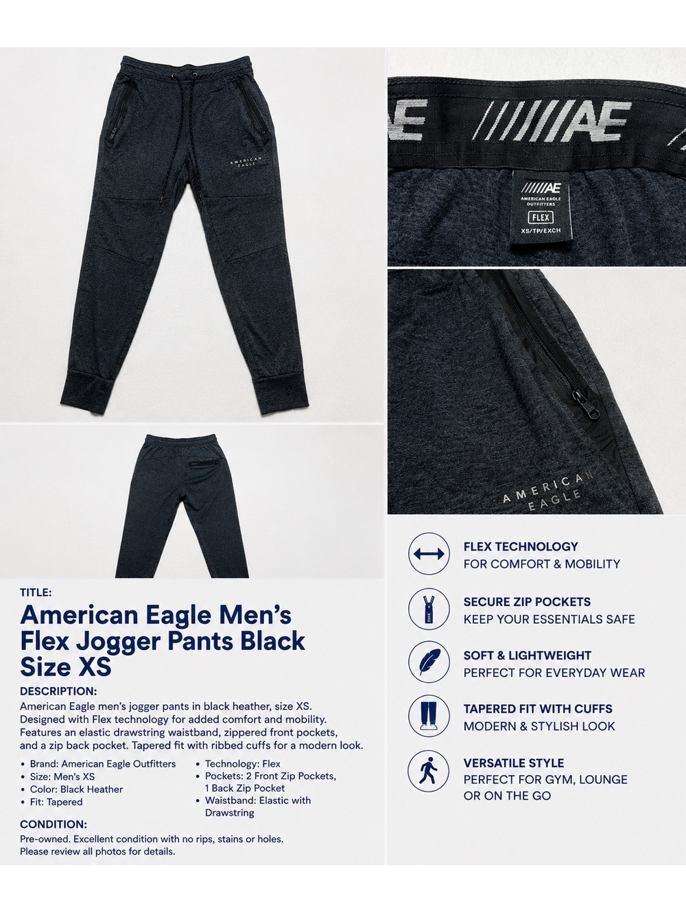 American Eagle Men’s XS Flex Jogger Pants Black Gray Zip Pockets Drawstring